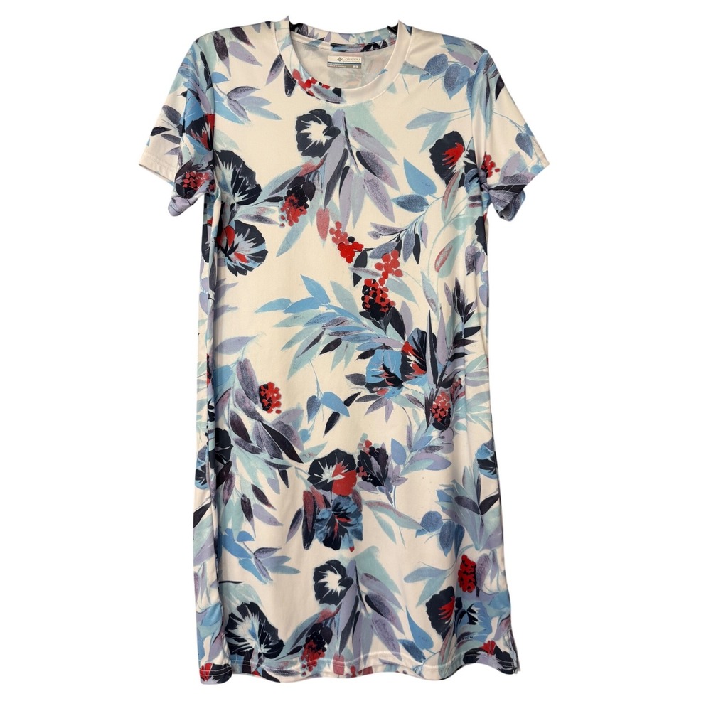 Columbia Womens Omni-Wick Floral T-Shirt Dress White Blue Red Medium
